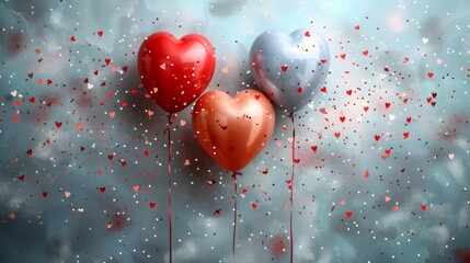 Wall Mural - red hearts, colorful balloons and confetti for a holiday celebration like birthday anniversary, wallpaper background for ads or gifts wrap and web design, white blank wall