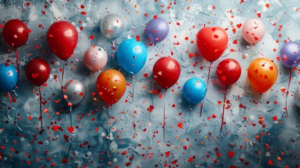 Wall Mural - red hearts, colorful balloons and confetti for a holiday celebration like birthday anniversary, wallpaper background for ads or gifts wrap and web design, white blank wall