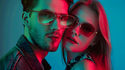 Sticker - Fashion studio shot Handsome young man and beautiful young woman posing together in stylish glasses Optics Business style : Generative AI