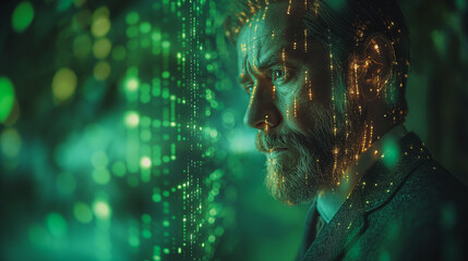Poster - a man with a beard and glasses is staring at a green screen. the screen is filled with glowing lines