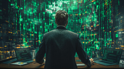Poster - A man in a suit is sitting at a desk in front of a computer monitor. The monitor is displaying a complex code that the man is working on
