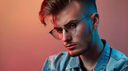 Canvas Print - Fashionable handsome hipster man with haircut and stylish glasses in fashionable casual clothes with Tshirt wears jeans shirt in the studio : Generative AI