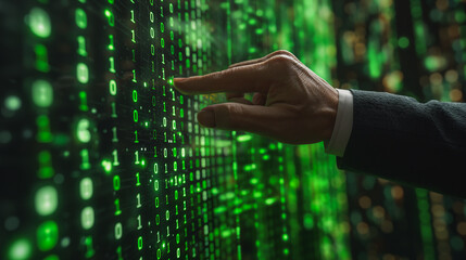 Poster - A man is pointing at a green screen with a lot of numbers on it. Concept of technology and complexity, as the man's finger is hovering over the screen