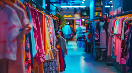 Wall Mural - Messy clearance section in a clothing store with colorful garments on racks and on the floor fast fashion concept : Generative AI