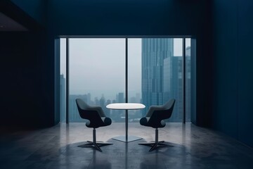 A minimalist office space with two chairs facing a table in front of a large window offering a view of a city