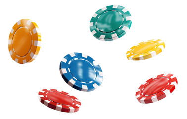 Colorful casino chips falling in the air, cut out