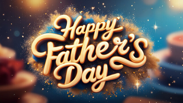 A vibrant 'Happy Father's Day' animation text crafted with 3D digital calligraphy in a playful, handwritten style, adorned with a whimsical dust sprinkle particle effect that bursts forth in a joyful