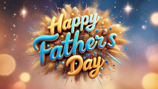 A vibrant 'Happy Father's Day' animation text crafted with 3D digital calligraphy in a playful, handwritten style, adorned with a whimsical dust sprinkle particle effect that bursts forth in a joyful