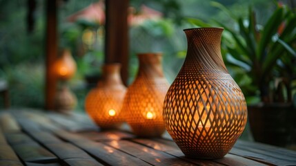 Wall Mural - A table with four vases of different sizes and shapes, all lit up with candles