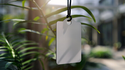 Blank name tag hanging on a neck for you to design and add your text.