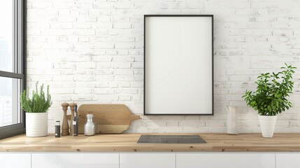 Modern Kitchen with White Brick Wall and Blank Canvas