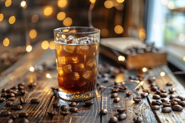 Wall Mural - Cold Brew cup with fresh organic coffee beans and the roasted coffee beans on the wooden table, Close-up View