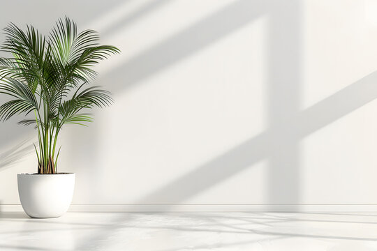 3D rendering of a clean white wall with soft light and shadow, featuring a potted plant on the left side. Ideal for minimalist and modern interior design themes.