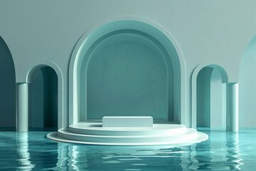 Wall Mural - a minimal archway with a product presentation platform in the middle above the water