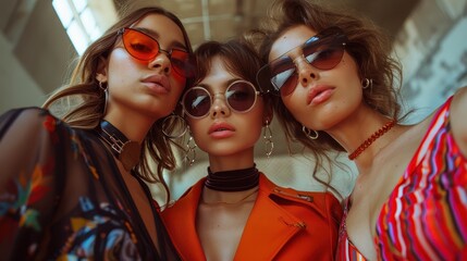 Three fashionable women pose together wearing stylish sunglasses, standing close to each other with a confident look in their trendy outfits in a urban setting.