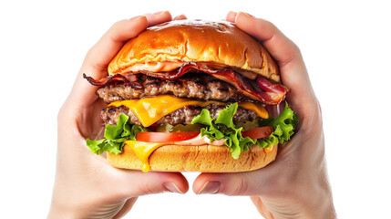 Wall Mural - Delicious juicy burger in hands, cut out