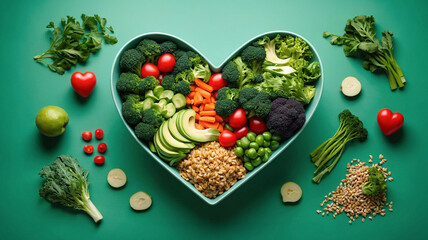 Heart shaped bowl with healthy food on green background, top view. Heart health concept, eating fruits, vegetables, whole grains for preventing cardiovascular diseases