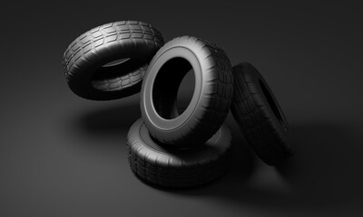 Poster - Set of new car tires on a dark background. 3d rendering