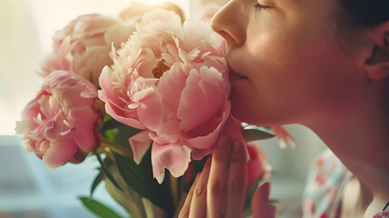 Poster - Valentines day Woman smelling bouquet of peonies at home Housewife received present for holiday Allergy free : Generative AI