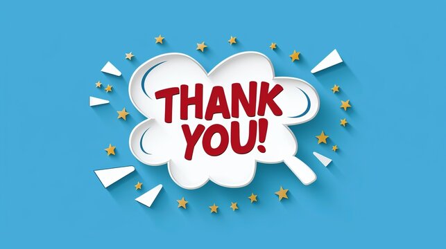 Bright cartoon thank you graphic with stars and speech bubble. Perfect for expressing gratitude. This image is ideal for cards, posters, and social media posts. Blue background with bold red text. AI