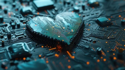 Poster - Heart shaped like a microchip. Technologies and life. AI generative.