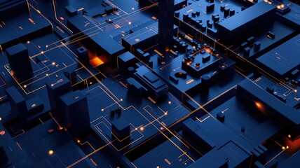 Poster - abstract digital visualization of dynamic particle streams with lights and lines in dark blues and o