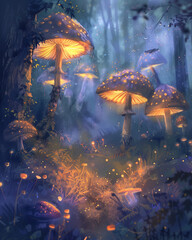 Wall Mural - glowing mushrooms in an enchanted forest with magical ambiance and ethereal light