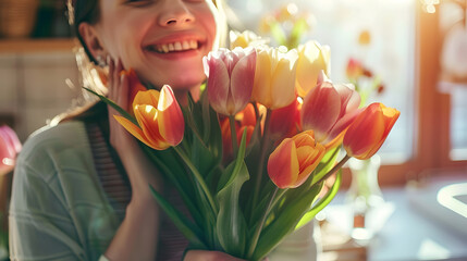 Wall Mural - Happy woman enjoy bouquet of tulips Housewife enjoying a bunch of flowers and interior of kitchen Sweet home Allergy free : Generative AI