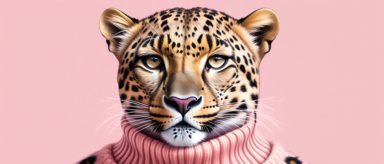 Wall Mural - Abstract pastel pink animal concept portrait of a leopard, in a leopard print warm pink sweater. Heart background