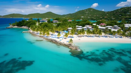 Poster - Panoramic aerial view of beautiful tropical island with white sand, turquoise ocean and blue sky.