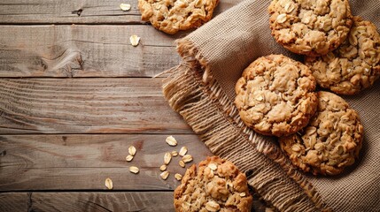 Delicious oatmeal cookies on a wooden backdrop