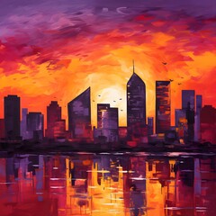 Wall Mural - Sunset over the skyline of the city. Digital painting. Illustration.