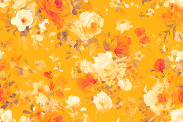 Wall Mural - A warm floral seamless pattern with various flowers in shades of orange, yellow, and white on a rich yellow background.