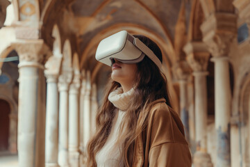 woman using vr headset in historic architectural setting
