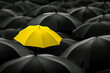 © Pixel Vest - A yellow umbrella amid a crowd of black umbrellas - symbolizing success, leadership, unique identity, innovative ideas, and special skills setting it apart from the rest
