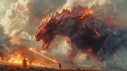 a colossal dragon engaged in an epic battle with warriors, breathing fire amidst dramatic clouds and explosions, depicting intense fantasy action