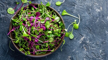 Wall Mural - Fresh salad mix with microgreens healthy and delicious meal presentation on rustic background top view