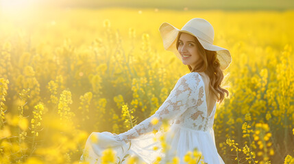 Wall Mural - Beautiful woman in bright dress and elegant hat walks and has fun in rapeseed field Smiling female tourist walking through flowering field touching yellow flowers Nature rest Summer la : Generative AI