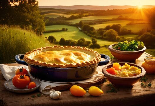 rustic pot pie golden crust countryside setting, rusticity, rural, homemade, traditional, baking, dish, comfort, food, oven, recipe, delicious, flaky, pastry