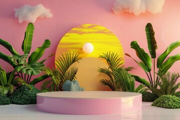 Tropical Summer Podium with a Pink Background