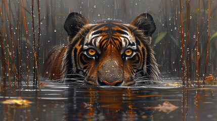 stealthy tiger in rainy wetlands, intense wildlife photography