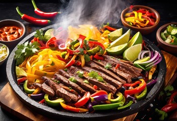 Poster - steaming fajitas sizzling mexican food grilled meat restaurant cuisine concept, plate, vegetables, hot, cooked, lunch, dinner, sizzle, smoke, heat, preparation,