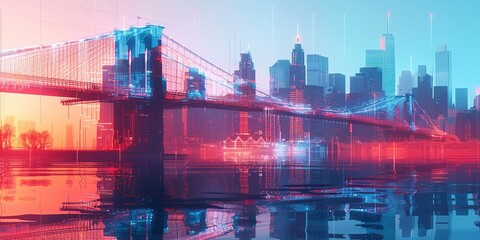 Wall Mural - Futuristic Cityscape with Digital Overlay Featuring a Bridge