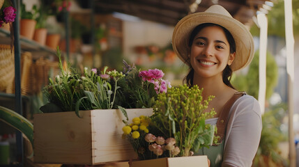 Beautiful florist holding wooden box of fresh plants at flower shop Latin hispanic woman working in floral shop with copy space Successful florist smiling while holding fresh flowers a : Generative AI