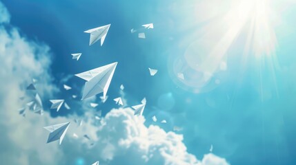 Wall Mural - A single bright paper plane climbing higher in a blue sky, while a cluster of paper planes descends, symbolizing unique leadership and success