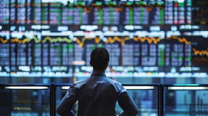 Poster - A trader monitoring stock future trading data on a large digital display in a high-tech trading floor