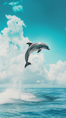 A minimalist dolphin jumping on a sky blue background , color pop contrast, mobile wallpaper