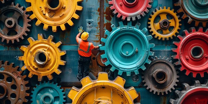 Industrial Worker in a Colorful Gear Installation Artwork