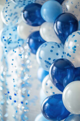 Wall Mural - Blue background with balloons, confetti and copy space. It's a boy backdrop with empty space for text. Baby shower or birthday invitation, party. Baby boy birth announcement. Men's Day.