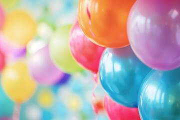 Wall Mural - Colorful background with balloons, bokeh lights and copy space. Birthday backdrop with empty space for text. Invitation or greeting card. Playful, vibrant design. Event for kids.